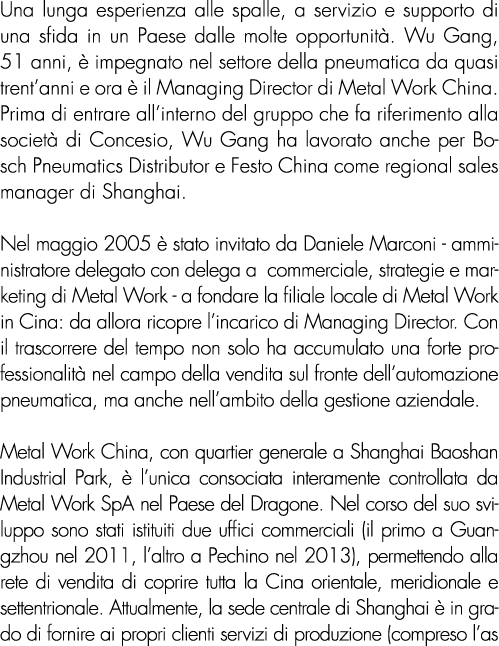 Una lunga esperienza alle spalle, a servizio e supporto di una sfida in un Paese dalle molte opportunità  Wu Gang, 51   